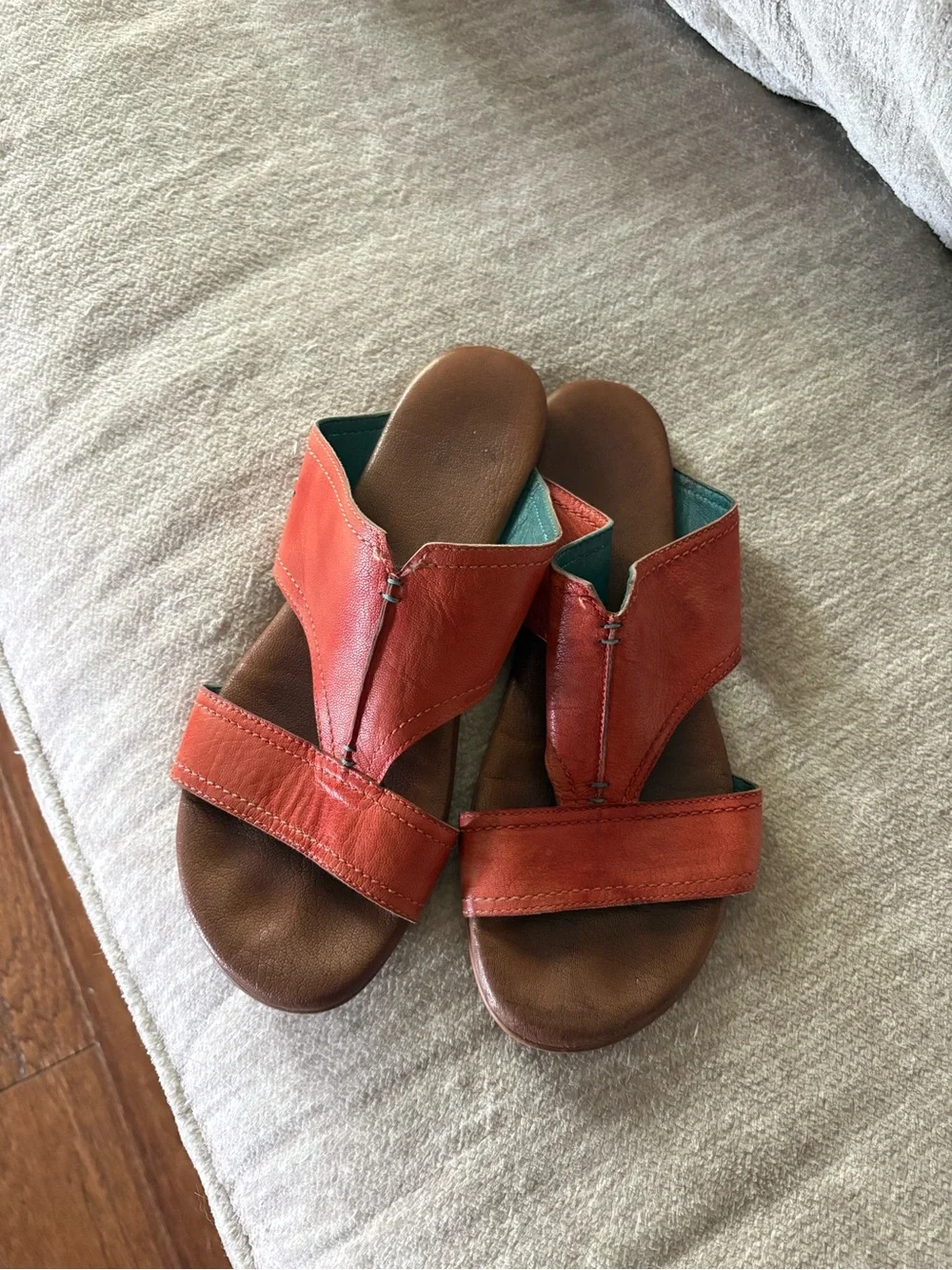 Women's Orange Leather Slide Sandals with Brown Footbed